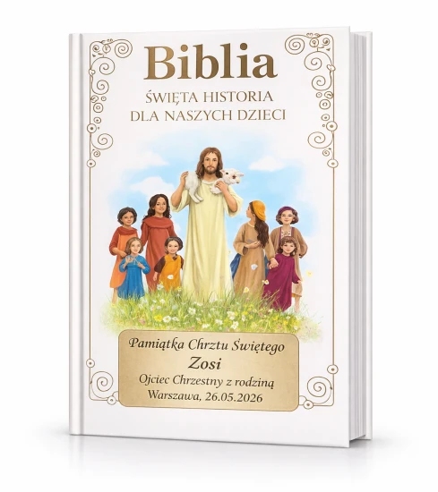 Biblia dla dzieci w białej, złoconej oprawie.