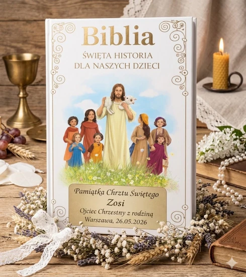Kolorowe ilustracje przedstawiające historie biblijne.
