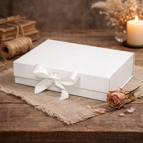 Pudełko magnetyczne A5 białe z wstążką 23,5×17×6 cm – elegancka kasetka prezentowa