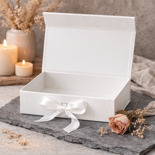 Pudełko magnetyczne A5 białe z wstążką 23,5×17×6 cm – elegancka kasetka prezentowa