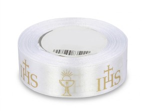 Satynowa wstążka komunijna z nadrukiem IHS (12mm x 23m)