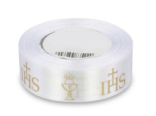 Satynowa wstążka komunijna z nadrukiem IHS