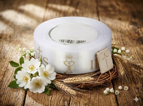 Biała tasiemka ze złotym motywem eucharystycznym.