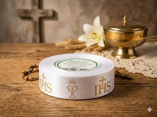 Wstążka dekoracyjna do prezentów komunijnych.