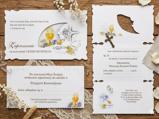 Zaproszenia komunijne z kopertami – zestaw 5 sztuk.