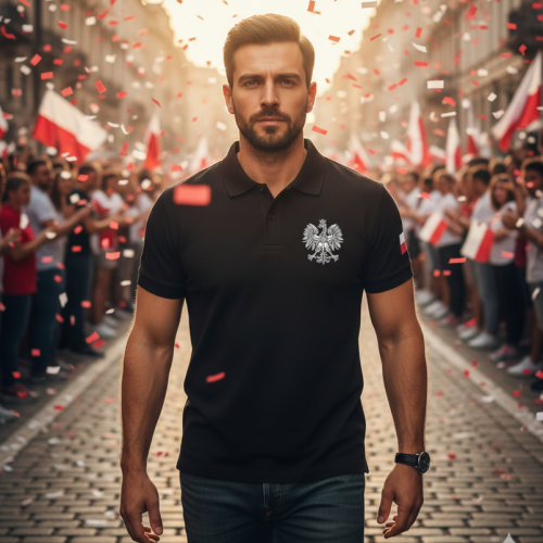 Czarna koszulka POLO z Orłem Polskim – symbol narodowy