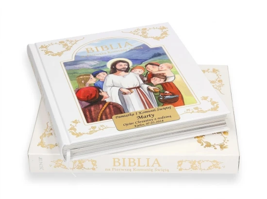 Biblia komunijna z możliwością grawerowanej dedykacji.