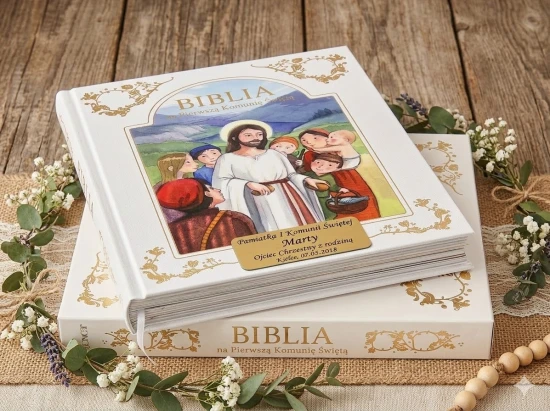 Elegancka Biblia komunijna w etui.
