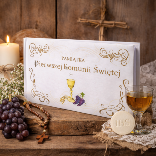 Pamiątka komunijna z miejscem na dedykację.