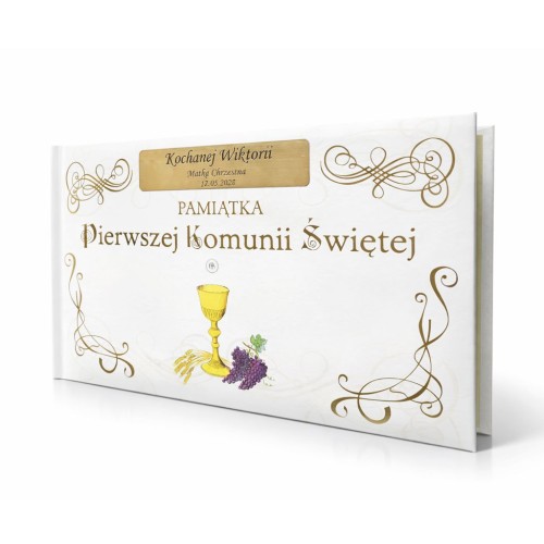Pamiątka komunijna z możliwością grawerowanej dedykacji.