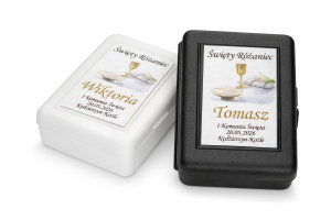 Pudełko na różaniec z nadrukiem komunijnym – personalizowane