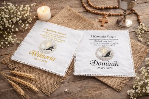 Pamiątka komunijna ze złotym lub srebrnym nadrukiem.