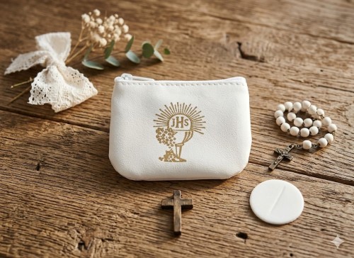 Etui na różaniec - EKO skórka, białe, IHS na zamek