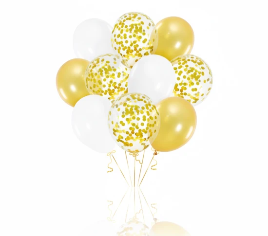 Balony komunijne biało-złote z konfetti – zestaw dekoracyjny 10 szt.