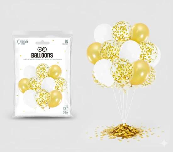 Balony komunijne biało-złote z konfetti – zestaw dekoracyjny 10 szt.
