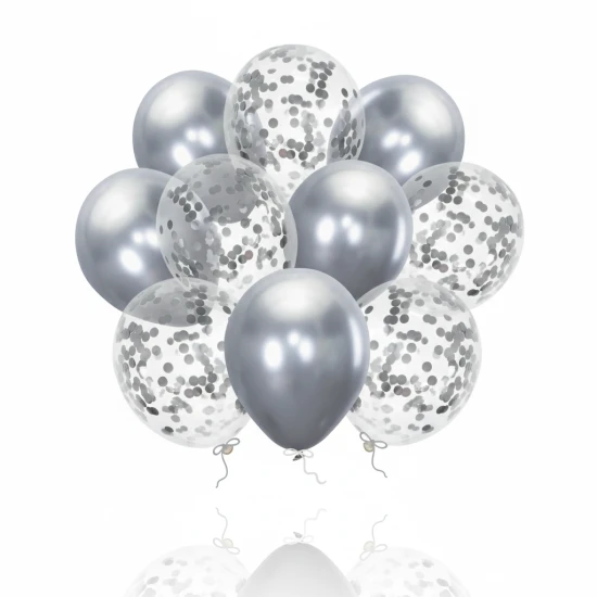 Balony komunijne srebrne chrom z konfetti – zestaw dekoracyjny 10 szt.