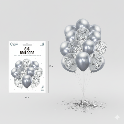 Balony komunijne srebrne chrom z konfetti – zestaw dekoracyjny 10 szt.