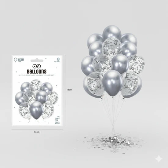 Balony komunijne srebrne chrom z konfetti – zestaw dekoracyjny 10 szt.