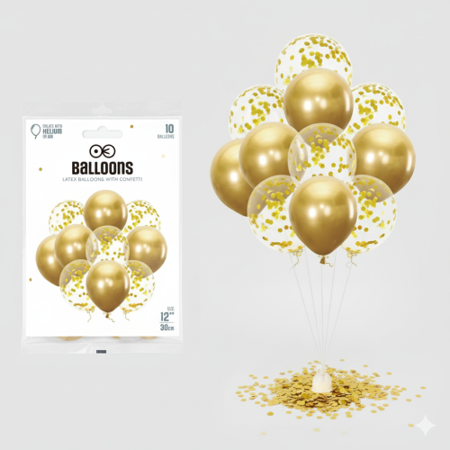 Balony komunijne złote chrom z konfetti – zestaw dekoracyjny 10 szt.