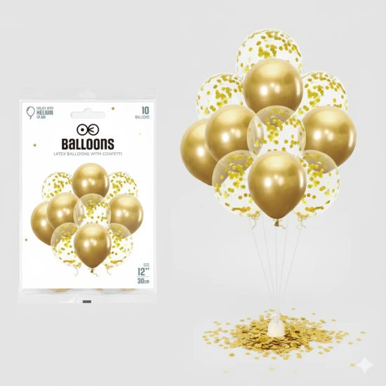 Balony komunijne złote chrom z konfetti – zestaw dekoracyjny 10 szt.