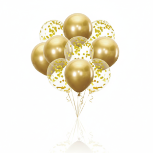 Balony komunijne złote chrom z konfetti – zestaw dekoracyjny 10 szt.