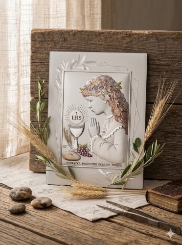 Obrazek komunijny dla dziewczynki wykonany z dbałością o detale i klasyczną estetykę.