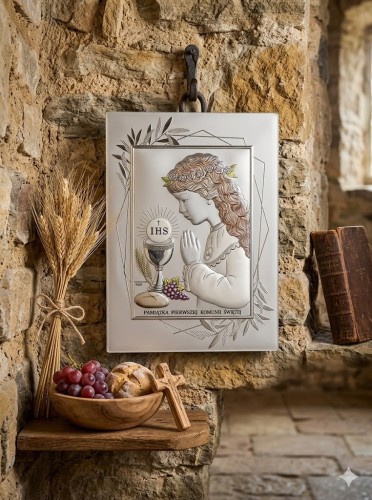 Elegancka pamiątka komunijna z motywem kielicha, hostii IHS oraz symboli chleba i wina.