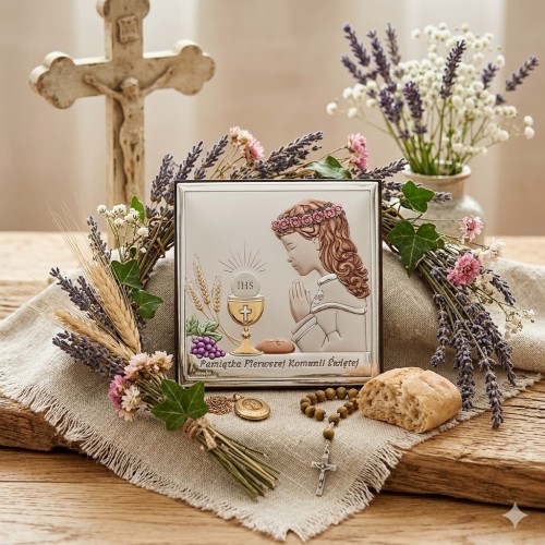 Elegancka pamiątka Pierwszej Komunii Świętej z motywem hostii IHS oraz symboli Eucharystii.