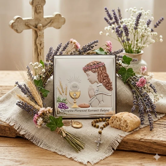 Elegancka pamiątka Pierwszej Komunii Świętej z motywem hostii IHS oraz symboli Eucharystii.