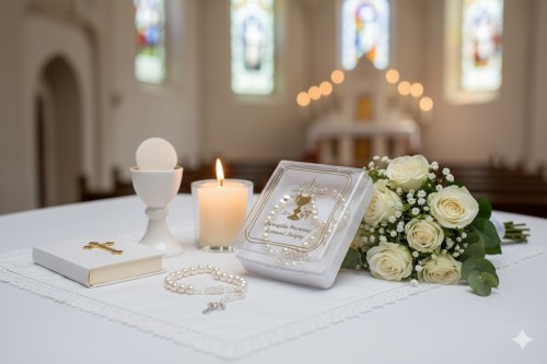 Pudełko na różaniec w aranżacji komunijnej