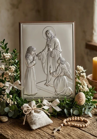 Klasyczny motyw religijny z aniołem symbolizującym Bożą opiekę.