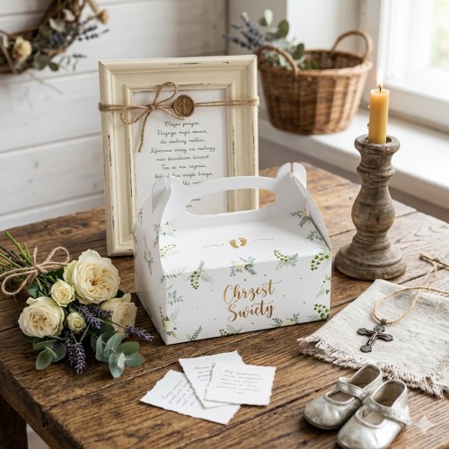 Kartonowe pudełko z wygodną rączką.