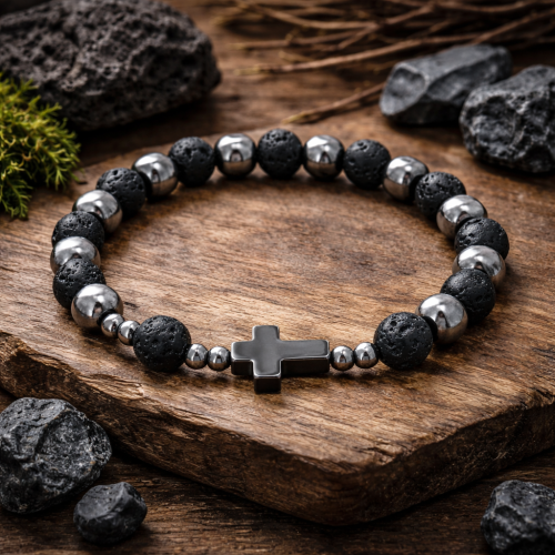 Bransoletka z lawy wulkanicznej i hematytu.