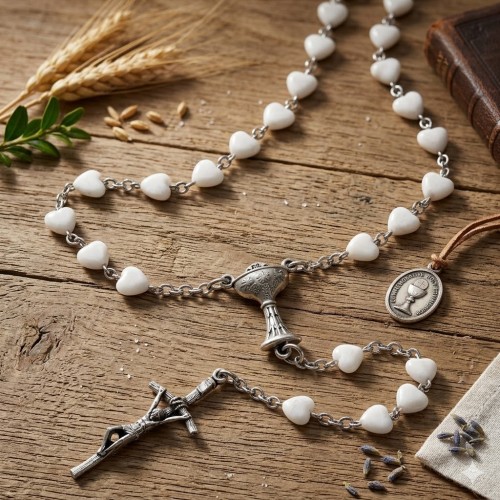 Biały różaniec KREDA z symbolem IHS.
