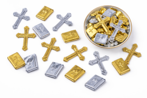 Konfetti metalizowane krzyże i księgi – dekoracja na Chrzest i Komunię (ok. 14 g)