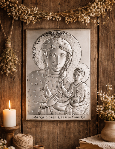 Obrazek srebrny - Matka Boska Częstochowska w aranżacji domowej