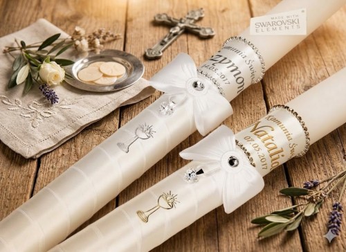 Świeca imienna Swarovski – kryształki, srebrny medalik 925, I Komunia Święta