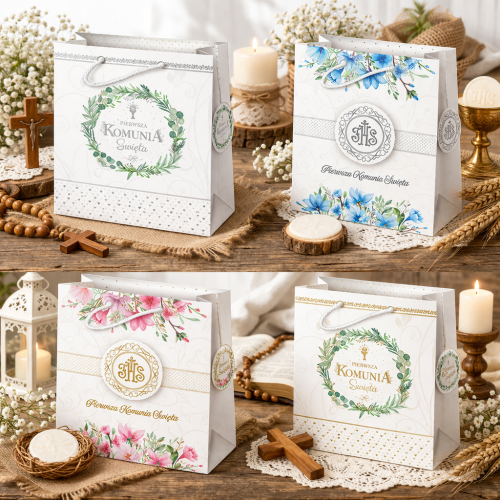 Torebka komunijna A4+ z symbolem IHS.