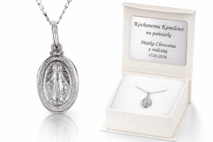 Łańcuszek z Cudownym Medalikiem z białego złota pr.585 z grawerem