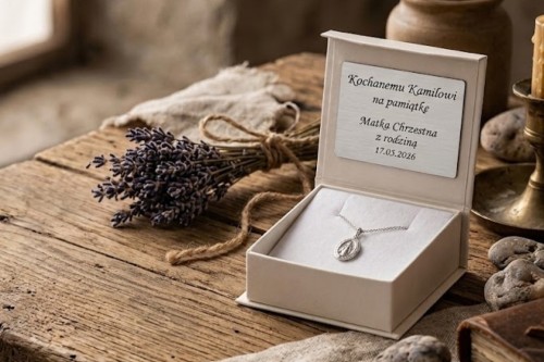 Pamiątka komunijna z grawerem w pudełku.