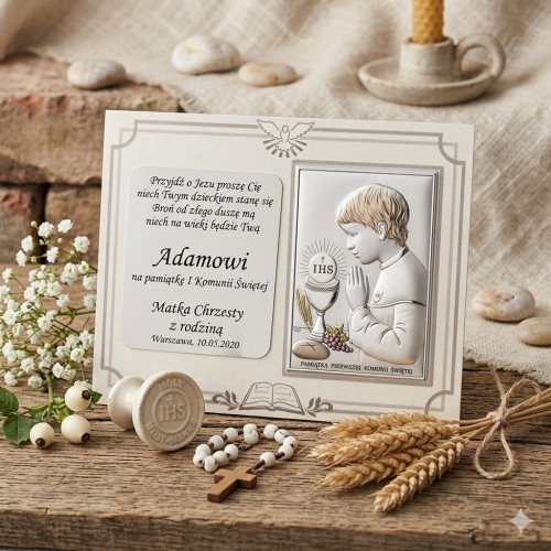 Elegancka pamiątka Pierwszej Komunii Świętej z motywem eucharystycznym.
