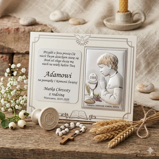 Elegancka pamiątka Pierwszej Komunii Świętej z motywem eucharystycznym.