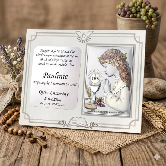 Elegancka pamiątka Pierwszej Komunii Świętej z motywem eucharystycznym.