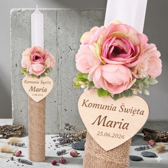 Świeca komunijna „Naturalne Światło” – eko z jutą, grawerem i serduszkiem