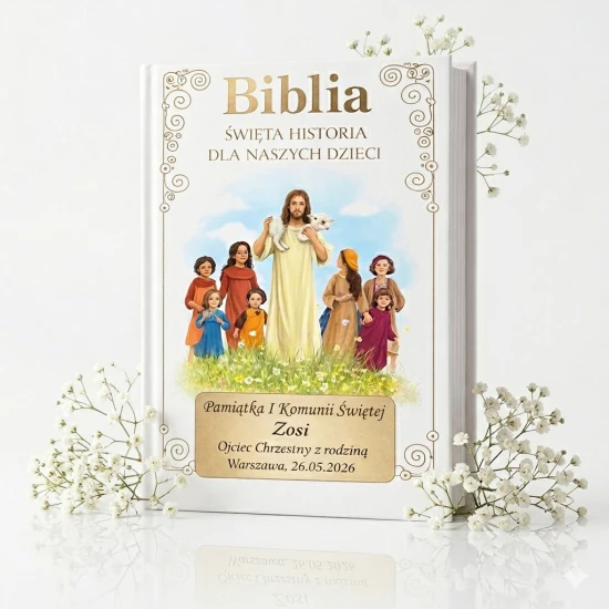 Biblia Święta – historia dla naszych dzieci – biała – grawer dedykacja