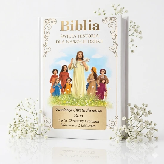 Biblia Święta – historia dla naszych dzieci – biała – grawer dedykacja