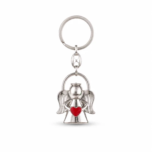 Metalowy brelok Aniołek z czerwonym sercem – symbol opieki i miłości.