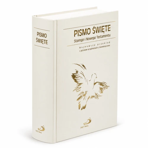 Pismo Święte w twardej oprawie ecru z praktycznymi paginatorami.