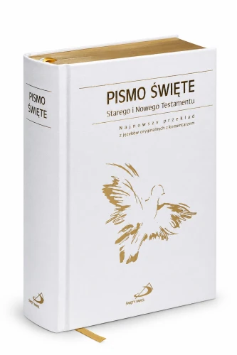 Pismo Święte w eleganckiej oprawie ecru ze złoconymi brzegami i paginatorami.