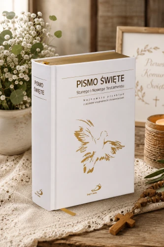 Eleganckie Pismo Święte w białej oprawie ze złoconymi brzegami kartek.
